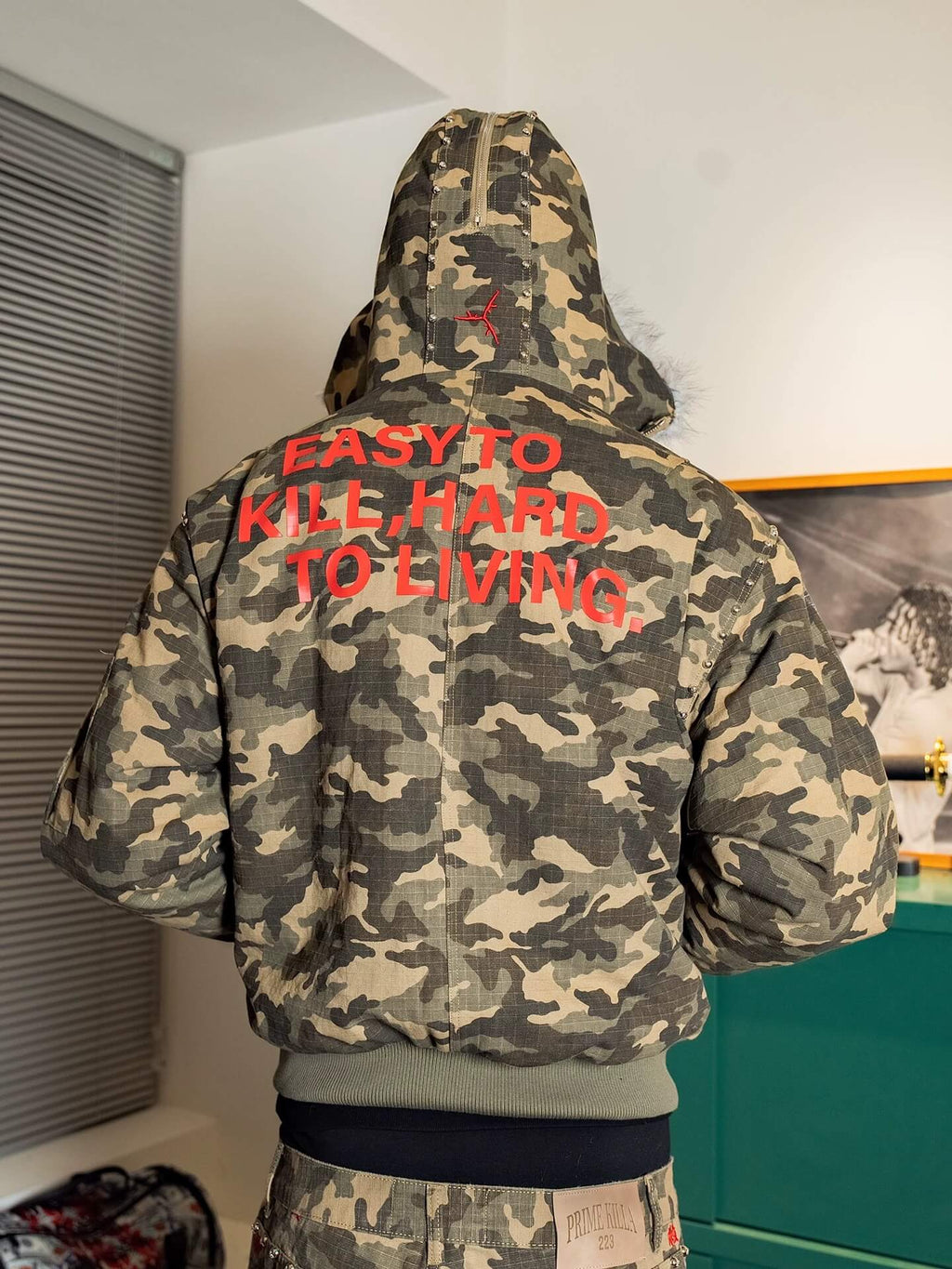 TGFCLUB Washed Camo Studded Faux Fur Hooded Jacket
