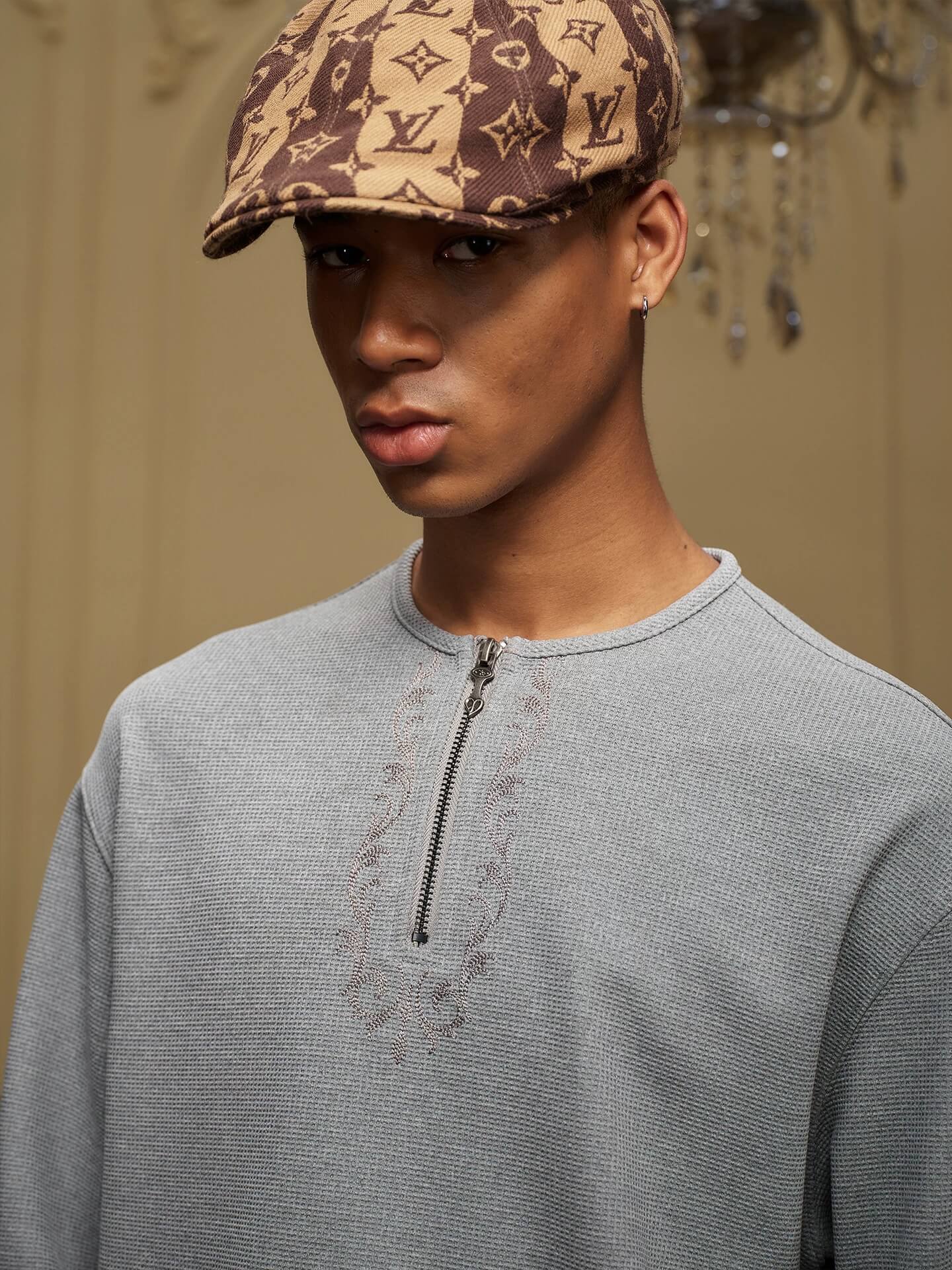 YADcrew Baroque Embroidered Half Zip Waffle Thermal Long Sleeve Tee