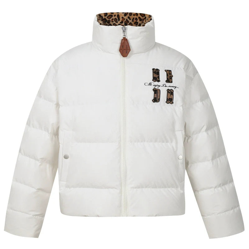 MEDM Leopard Collar Logo Patch Down Jacket
