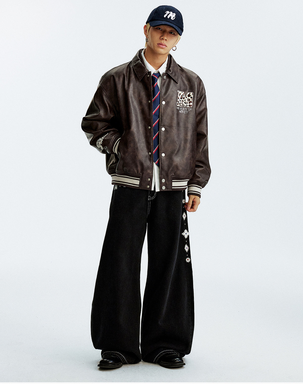 MEDM Leopard Patch Pearl PU Leather Varsity Jacket