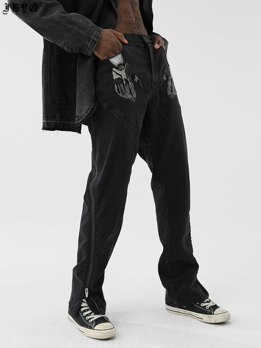JHYQ Slim Zipper Openings Printed Denim Jeans