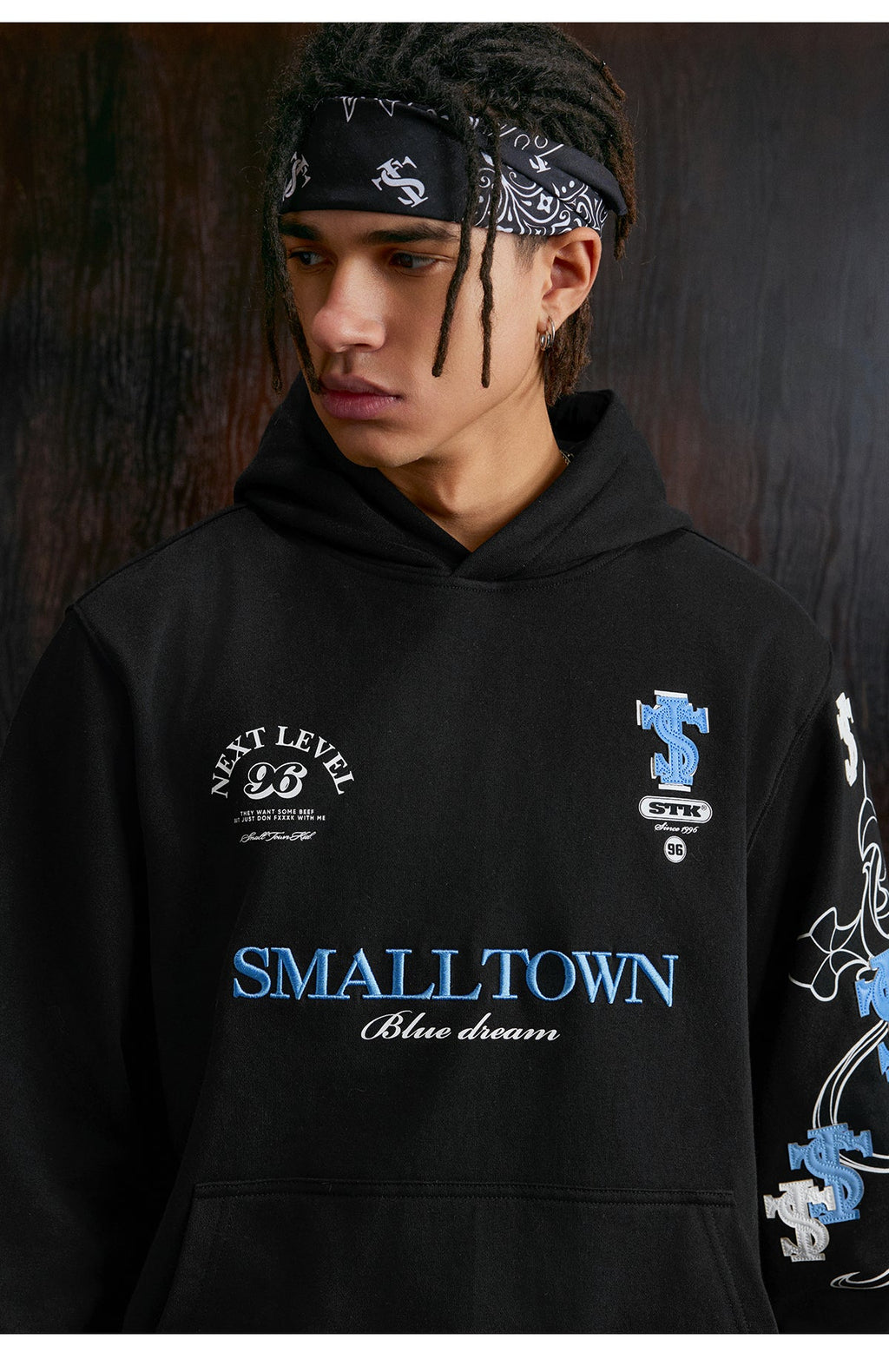 Small Town Kid Cross Print Patch Logo Leather Hoodie