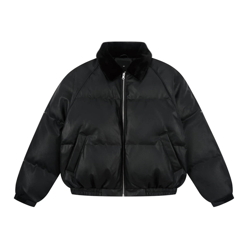 1807 Fur Collar PU Leather Down Jacket