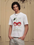 YADcrew Cherry Cat Print Bead and Rhinestone Tee