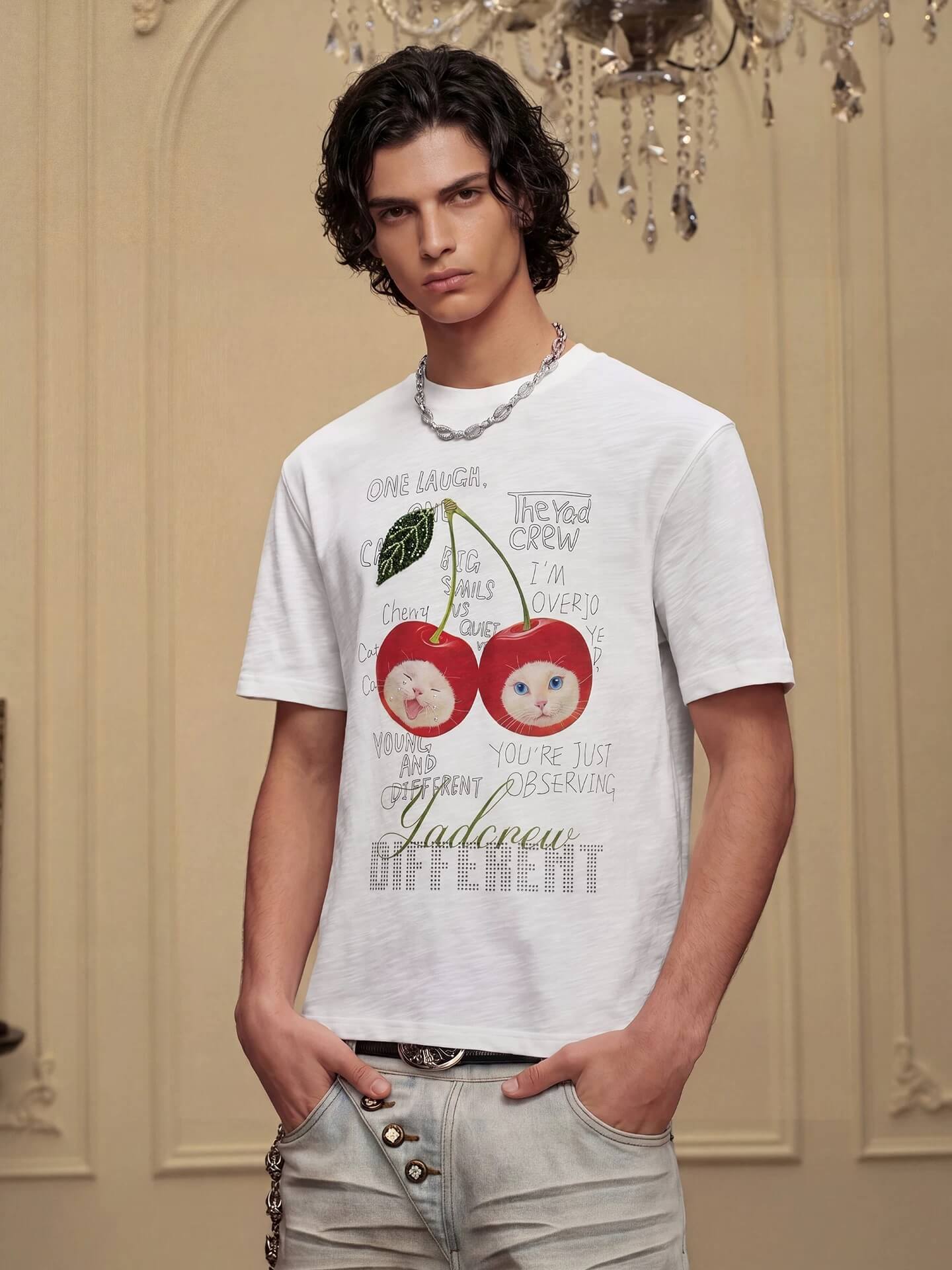 YADcrew Cherry Cat Print Bead and Rhinestone Tee