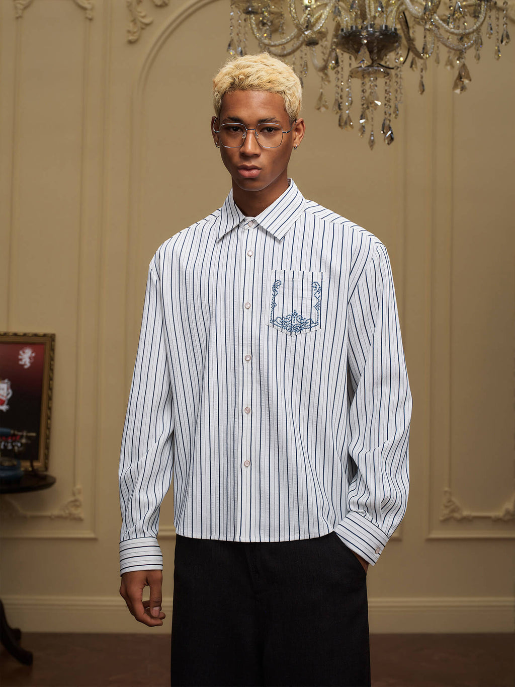 YADcrew Baroque Embroidered Striped Long Sleeve Shirt