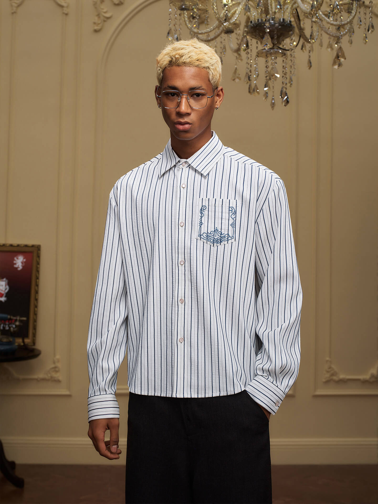 YADcrew Baroque Embroidered Striped Long Sleeve Shirt