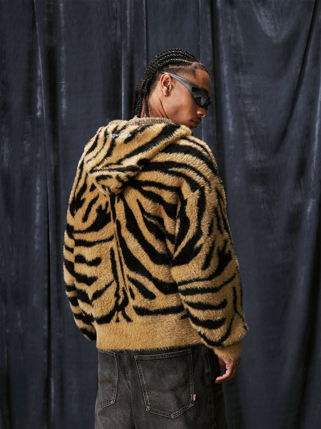 1807 Tiger Striped Faux Mink Fur Knit Zip Up Hoodie