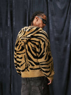 1807 Tiger Striped Faux Mink Fur Knit Zip Up Hoodie