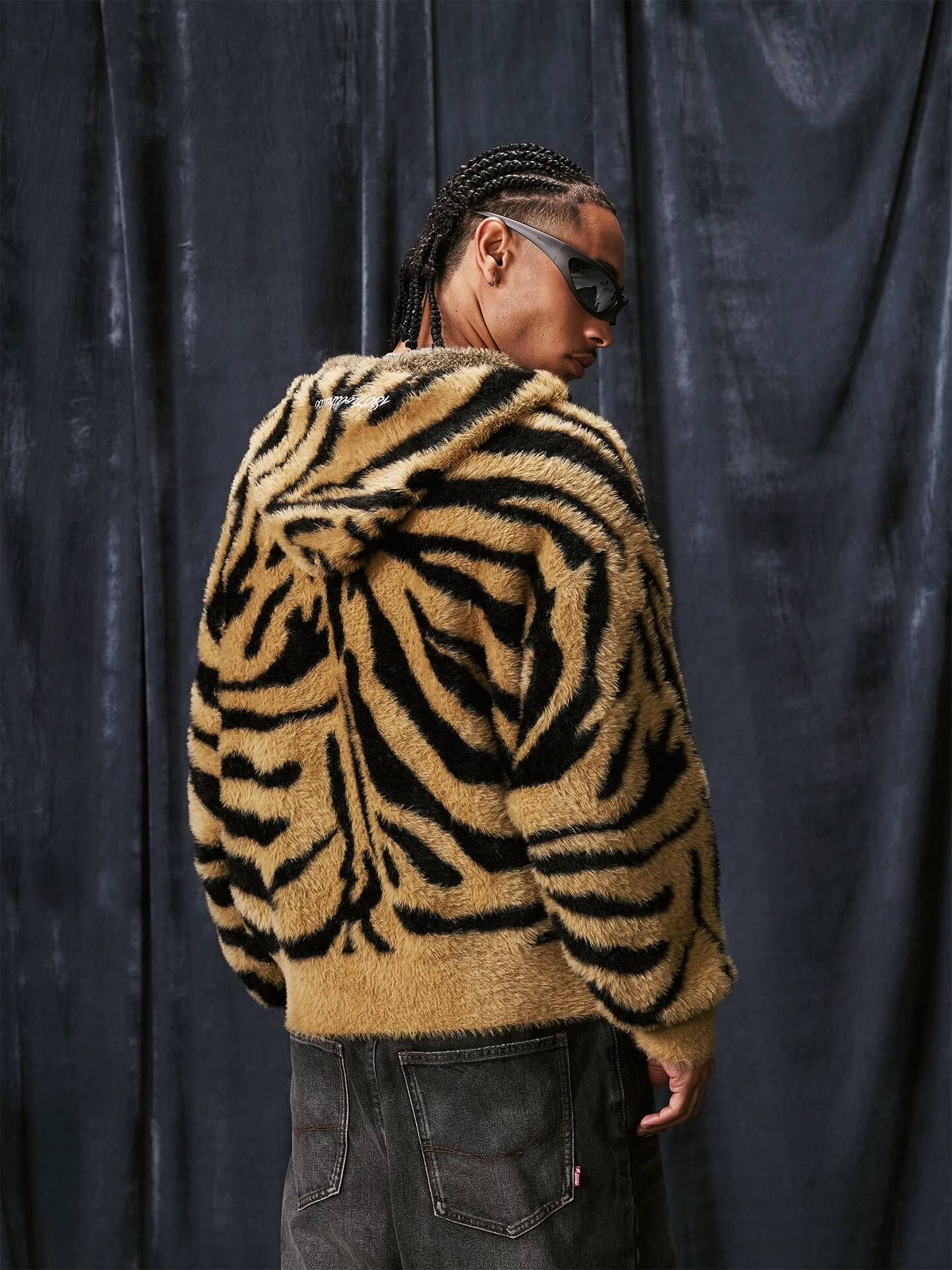 1807 Tiger Striped Faux Mink Fur Knit Zip Up Hoodie