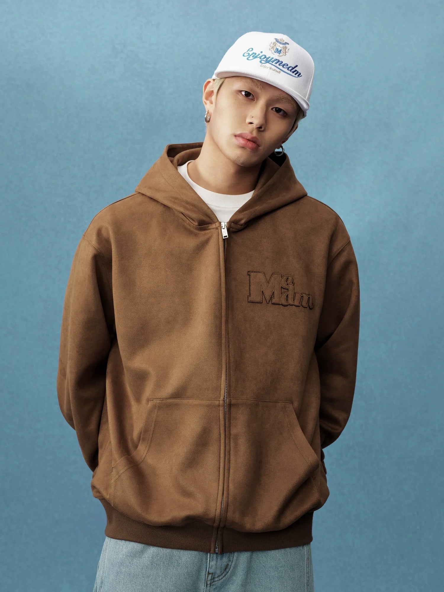 MEDM Suede Logo Patch Zip-Up Hoodie