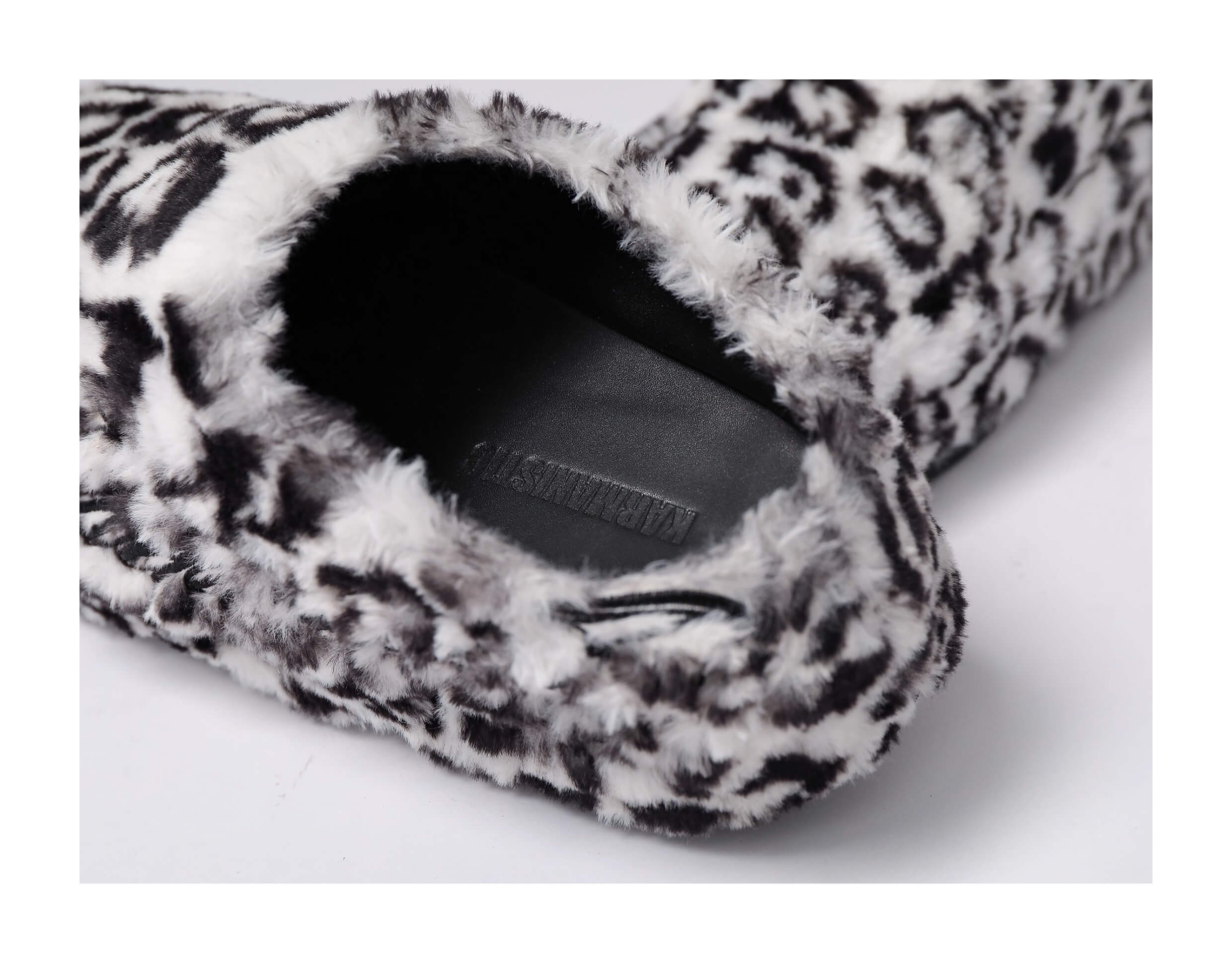 KARMANISTIC Rose White Leopard Fur Embroidered Slipper Clogs