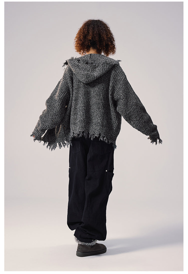 Remedy Distressed Hooded Zipper Knit Cardigan