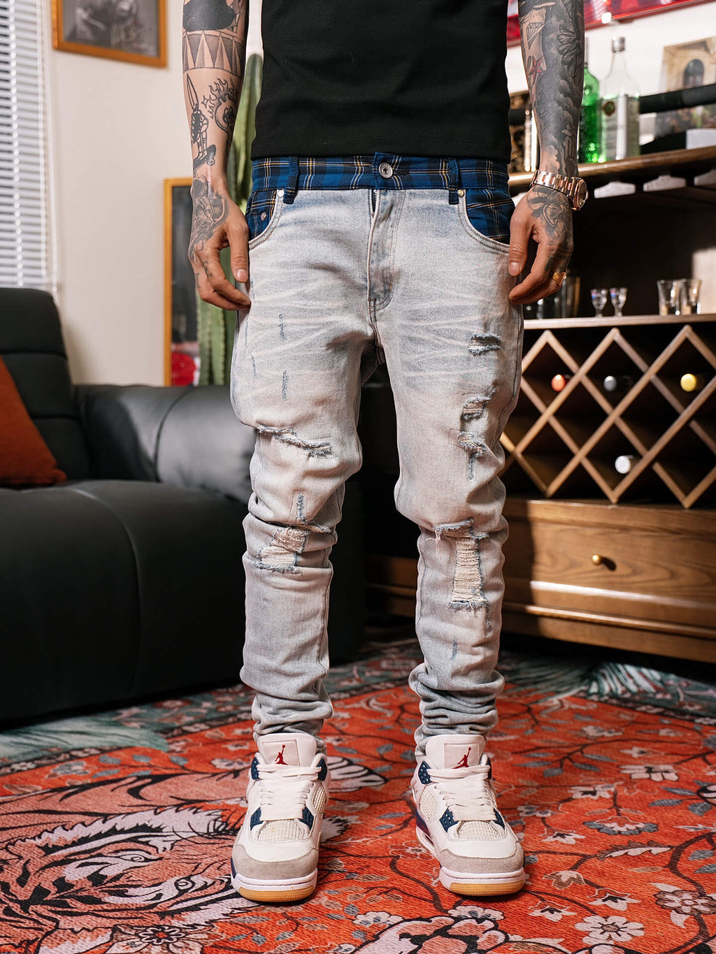 TGFCLUB Plaid Patchwork Waistband Skinny Jeans