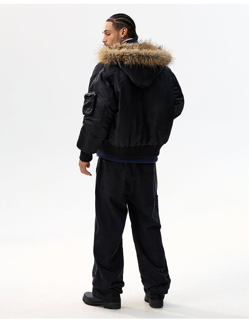 MEDM Silicone Logo Patch Fur Hooded Bomber Jacket