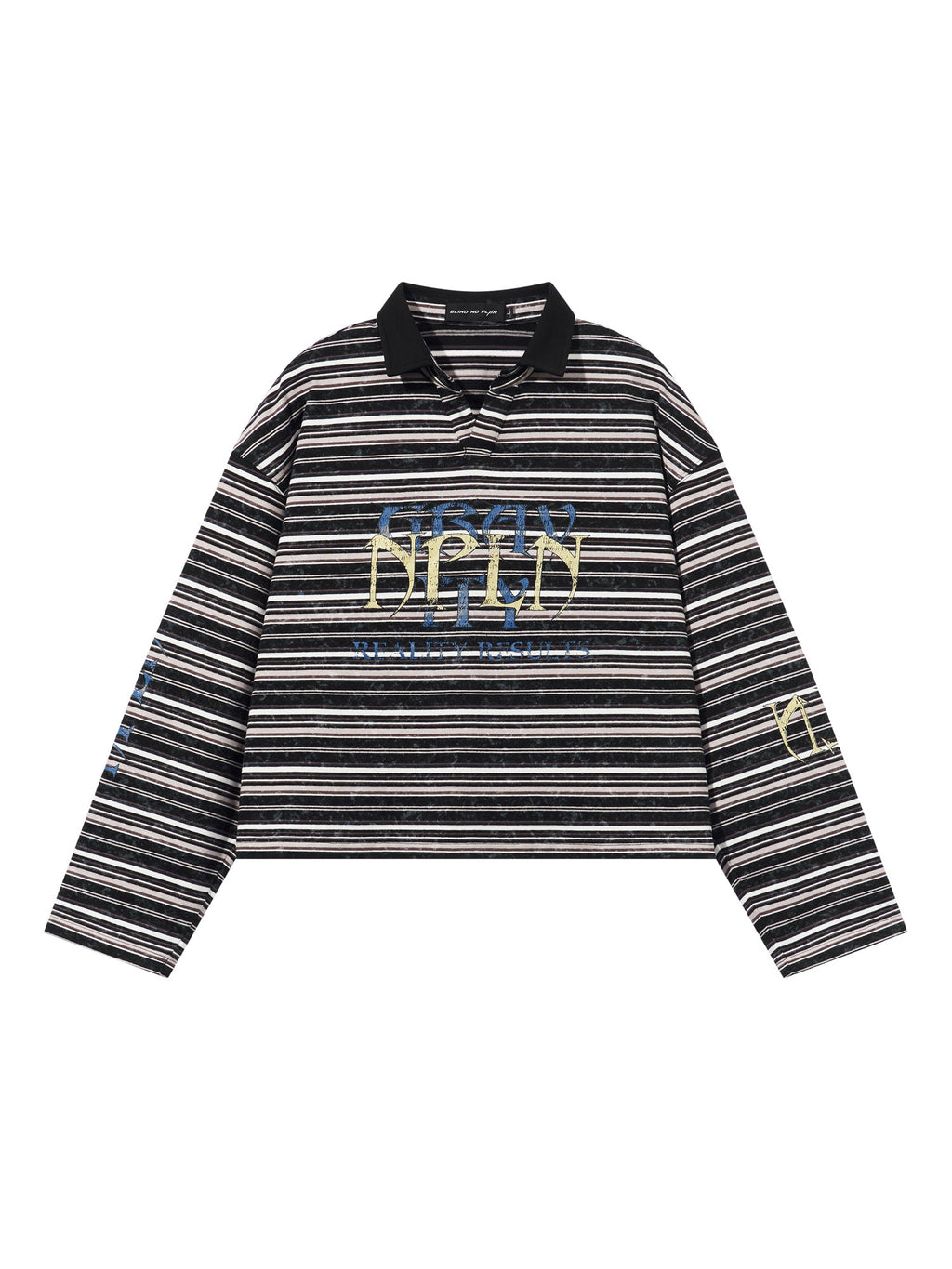 BLIND NO PLAN Washed Distressed Stripe Crackle Print Long Sleeve Polo
