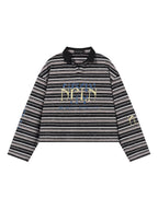BLIND NO PLAN Washed Distressed Stripe Crackle Print Long Sleeve Polo