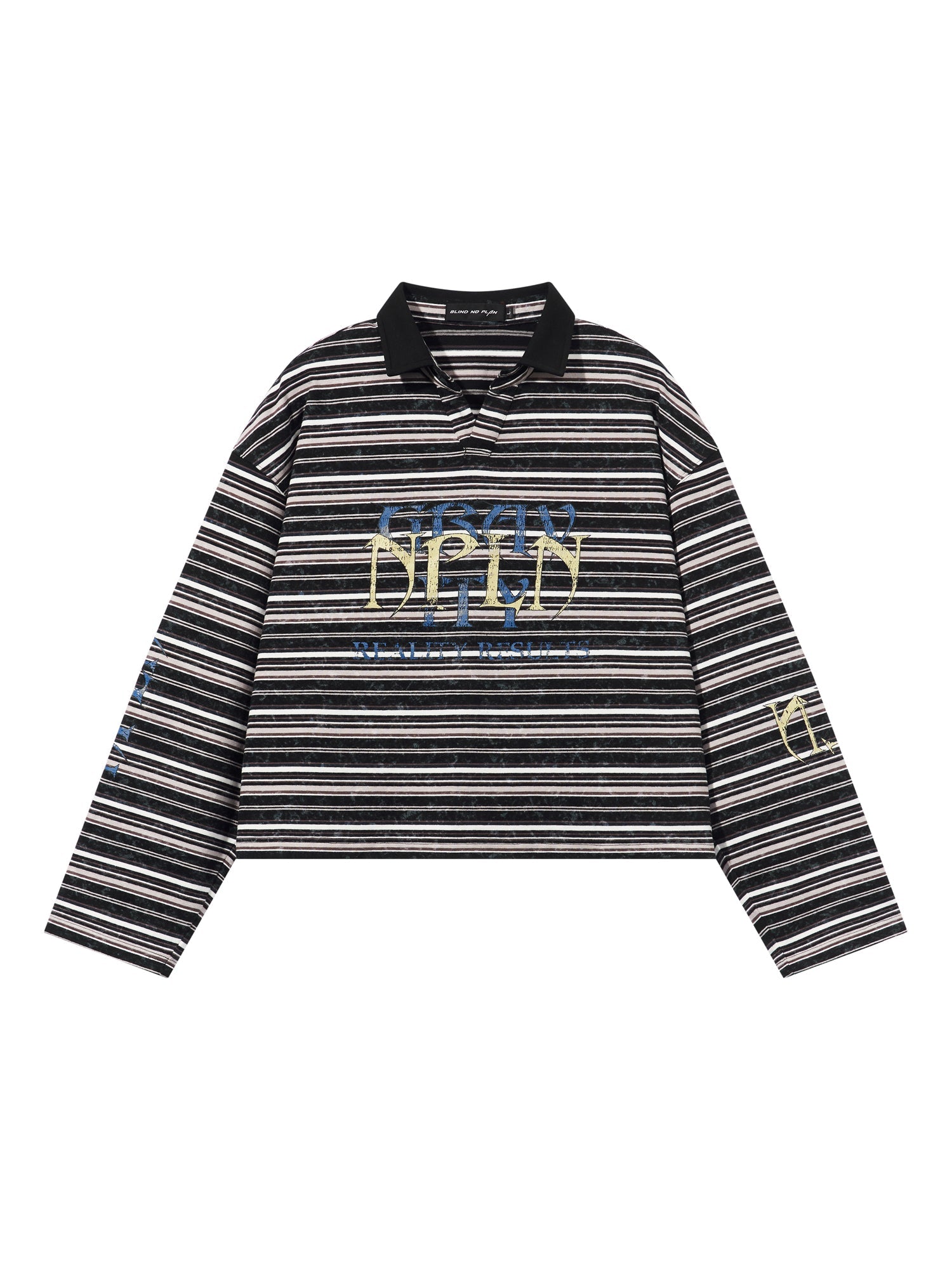 BLIND NO PLAN Washed Distressed Stripe Crackle Print Long Sleeve Polo