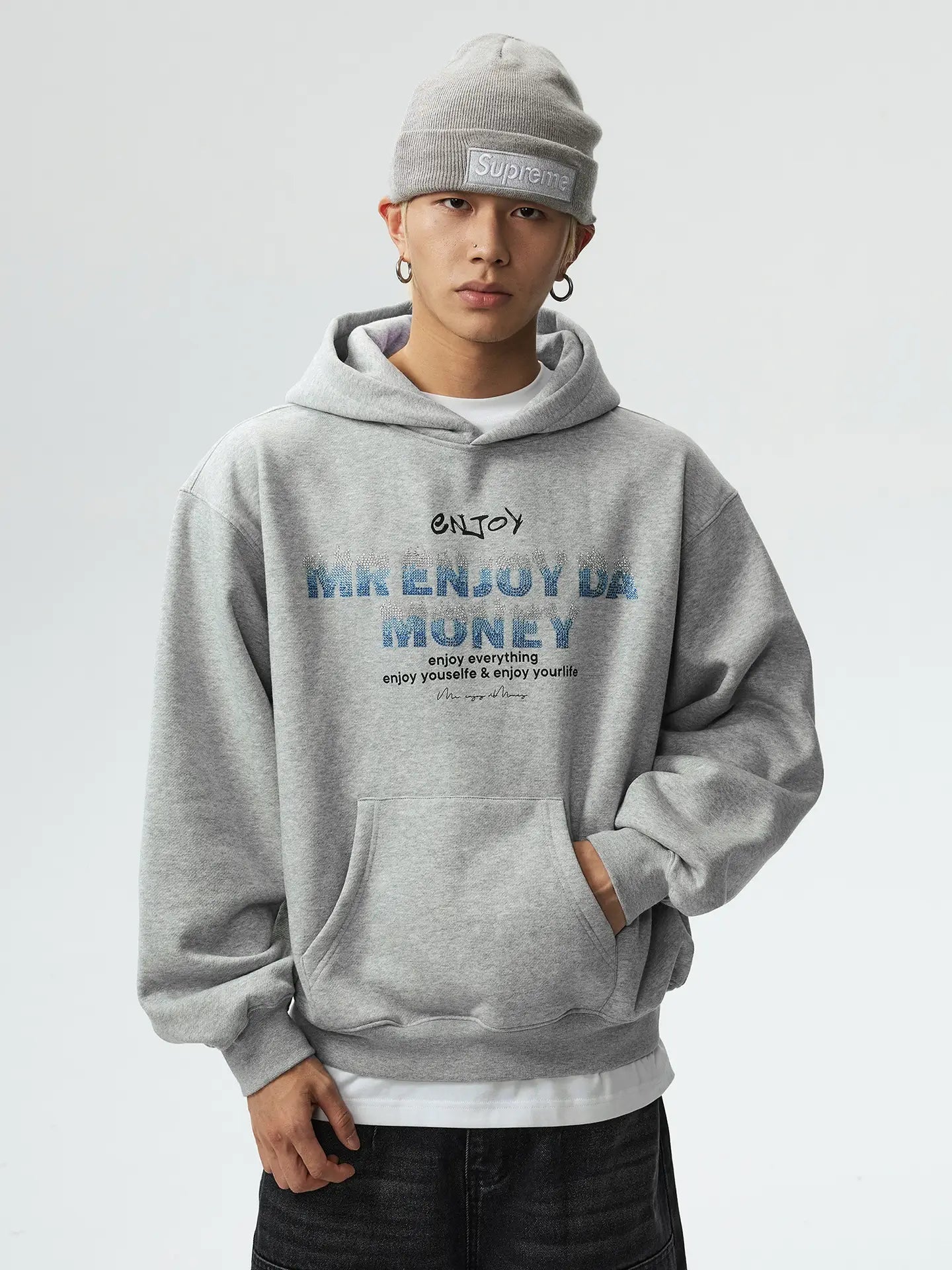 MEDM Flame Rhinestone Embellished Hoodie