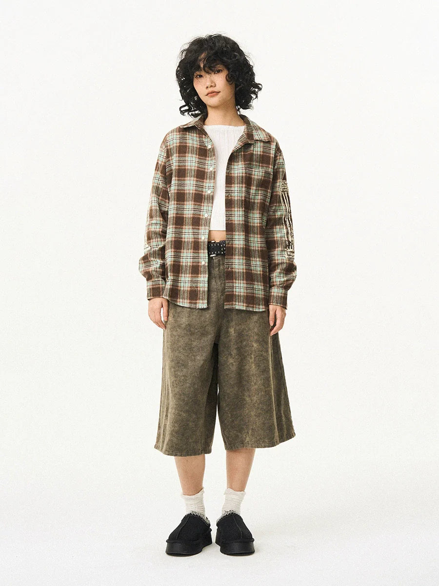 EMPTY REFERENCE Roman Column Print Plaid Long Sleeve Shirt