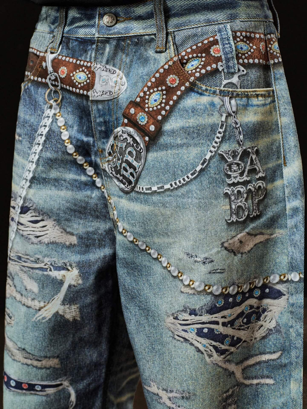 YADcrew x BIPOLAR 3D Belt Chain Digital Print Machete Jeans