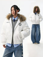 MEDM Silicone Logo Patch Fur Hooded Bomber Jacket