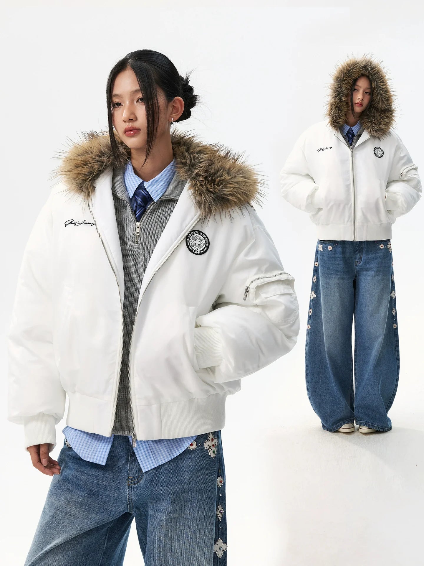 MEDM Silicone Logo Patch Fur Hooded Bomber Jacket