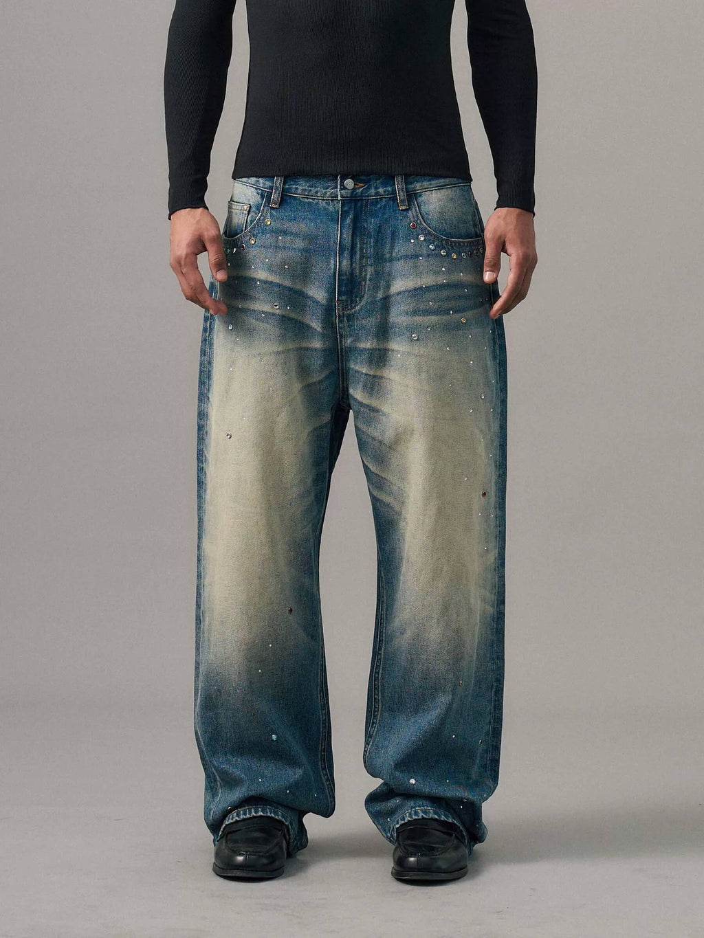S45 Gemstone and Rhinestone Studded Washed Jeans
