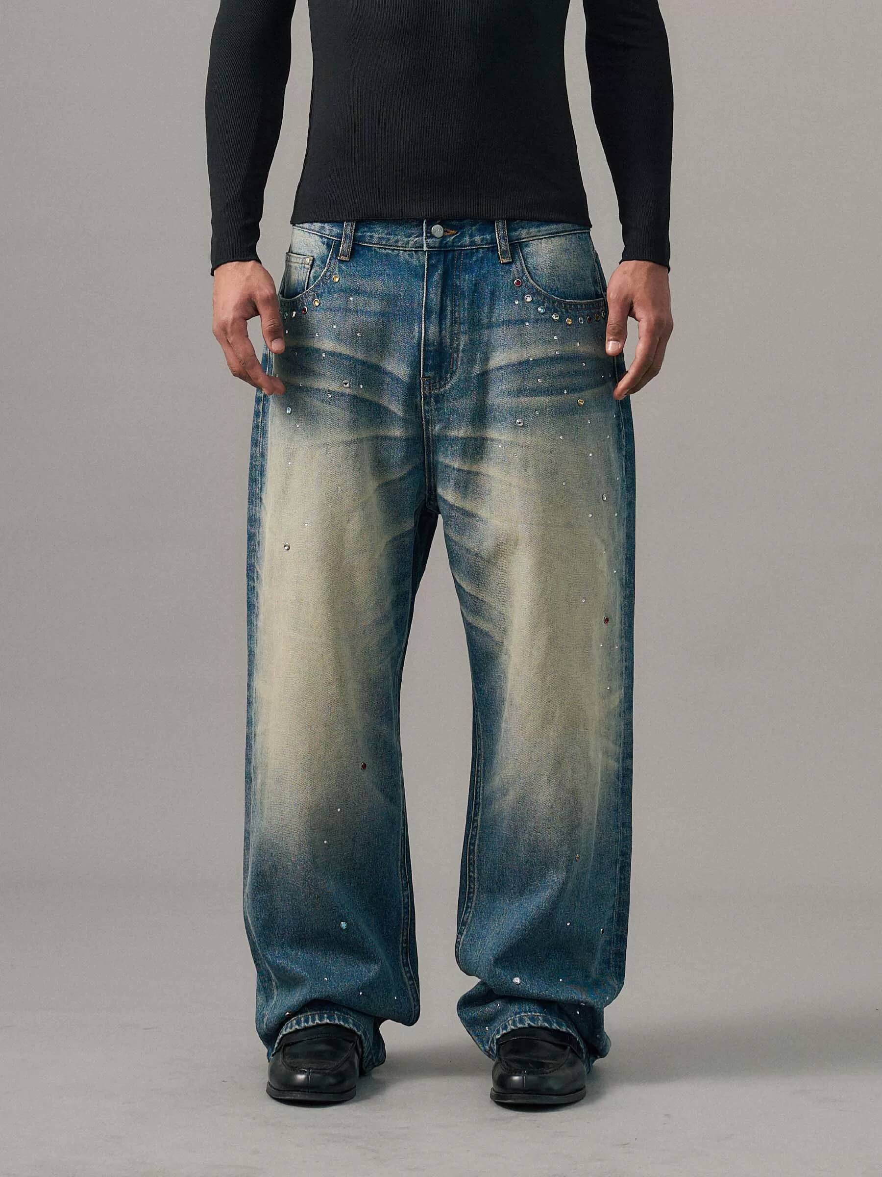 S45 Gemstone and Rhinestone Studded Washed Jeans