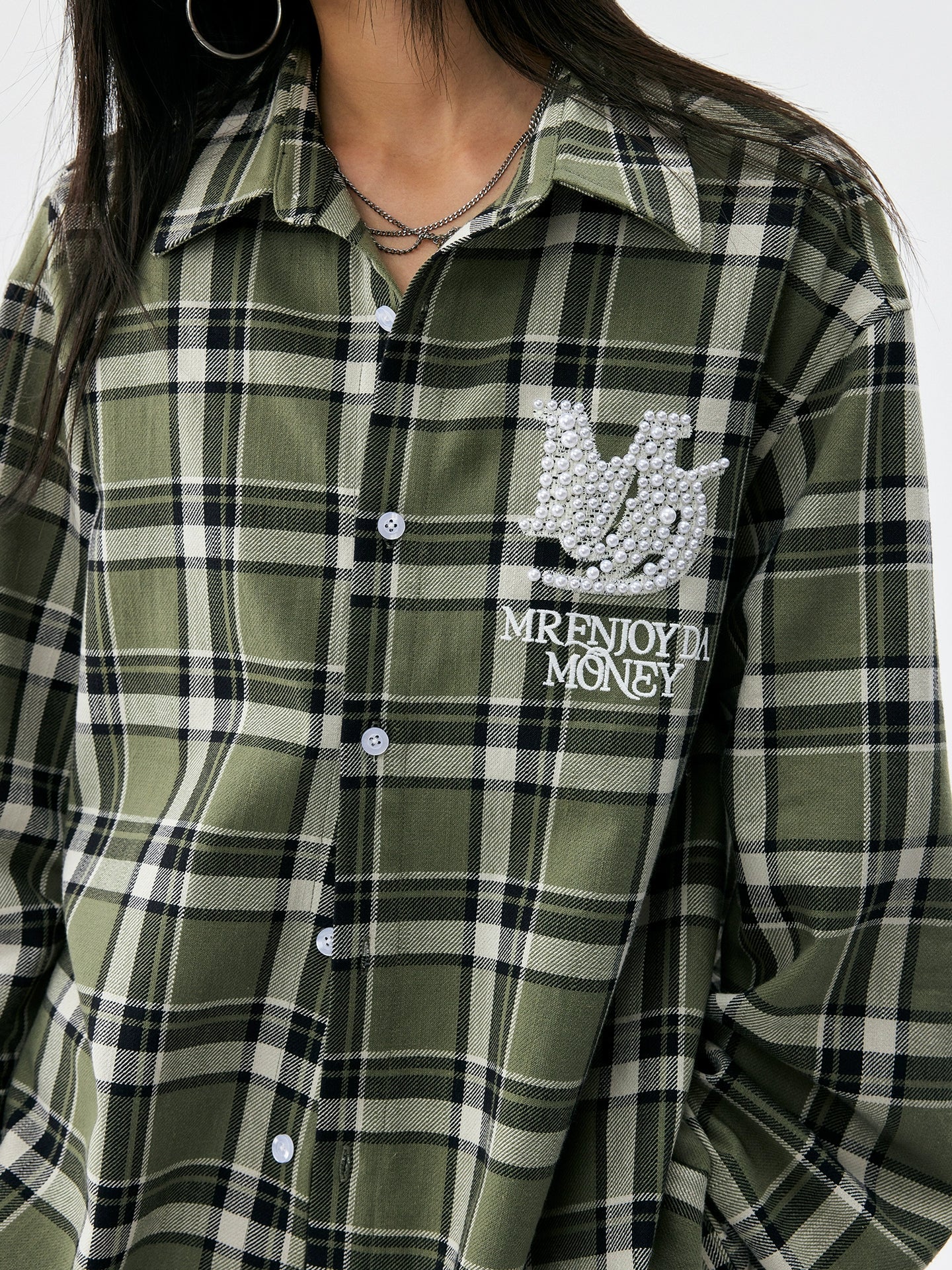 MEDM Green Pearl Embroidery Plaid Long Sleeve Shirt