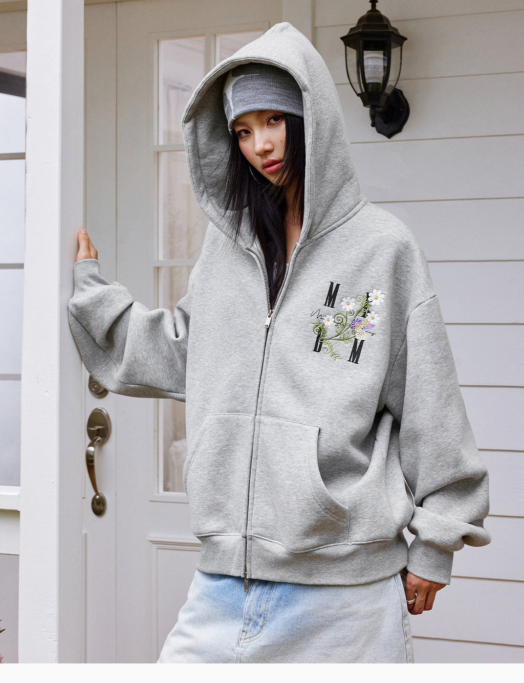 MEDM Floral Logo Embroidered Zip Up Hoodie