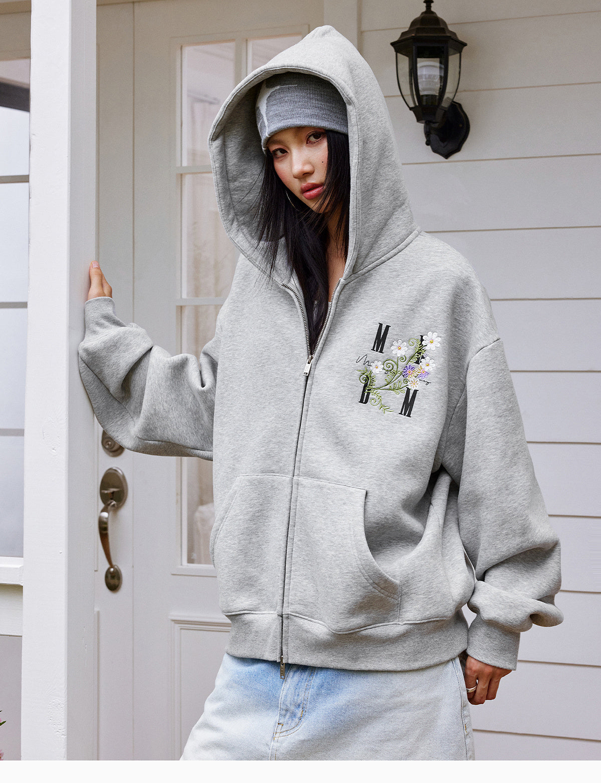 MEDM Floral Logo Embroidered Zip Up Hoodie