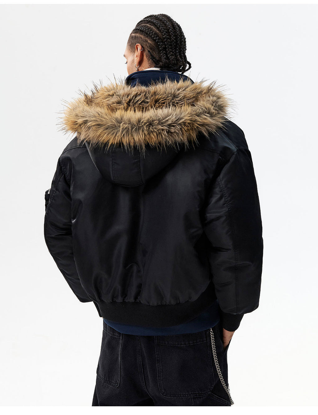 MEDM Silicone Logo Patch Fur Hooded Bomber Jacket