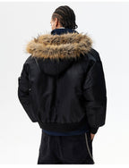 MEDM Silicone Logo Patch Fur Hooded Bomber Jacket