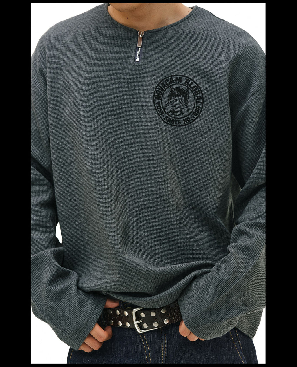 NOVACAM Waffle Vintage Print Zip Long Sleeve Tee