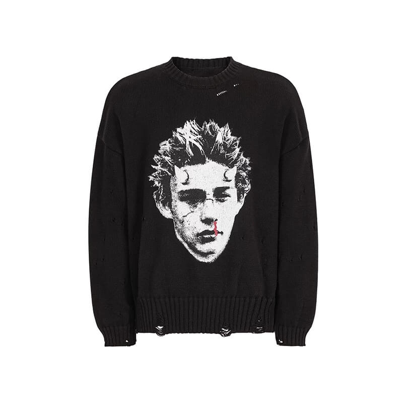 UNDERWATER Demon Digital Print Distressed Knit Sweater