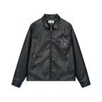 Harsh and Cruel Metal Cross Logo Textured Leather Jacket