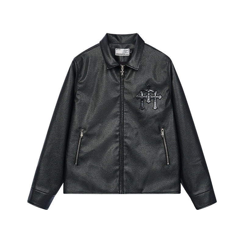 Harsh and Cruel Metal Cross Logo Textured Leather Jacket