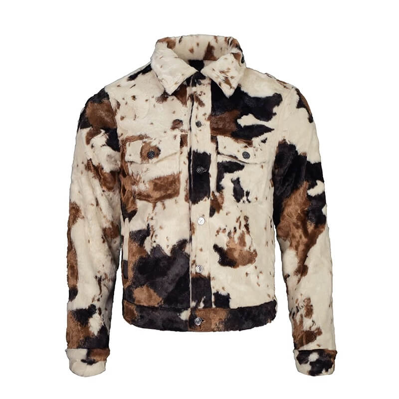 TGFCLUB Cow Print Faux Fur Leather Slim Fit Jacket