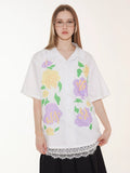EMPTY REFERENCE Hand Painted Floral Print Short Sleeve Shirt