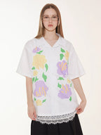 EMPTY REFERENCE Hand Painted Floral Print Short Sleeve Shirt