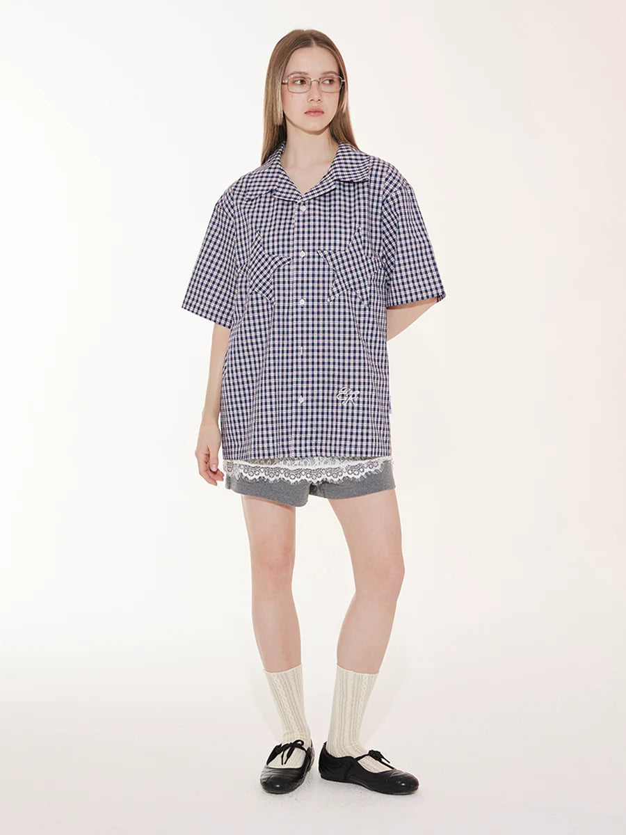 EMPTY REFERENCE Star Pocket Patchwork Plaid Short Sleeve Shirt