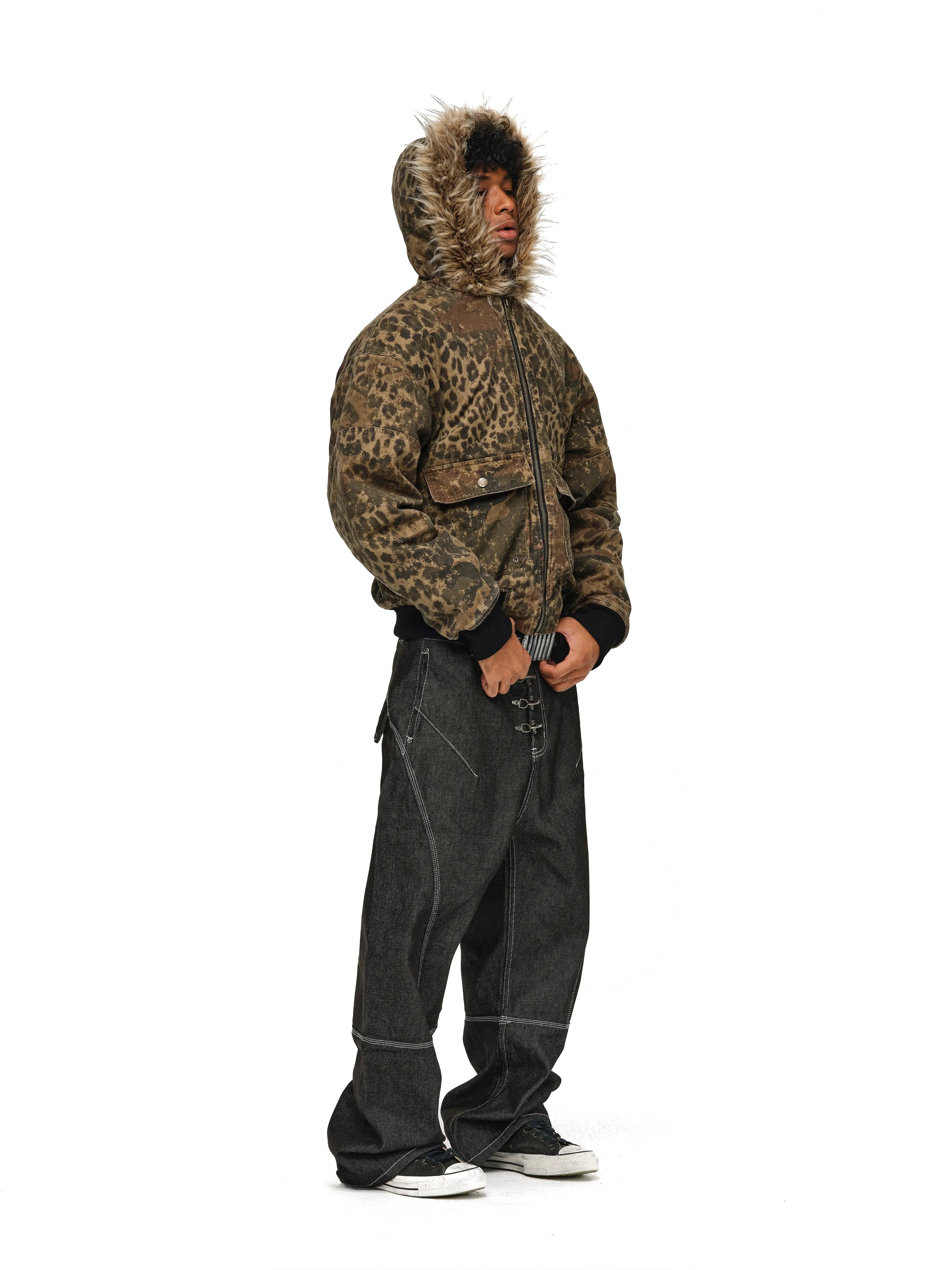 ANTIDOTE Washed Leopard Fur Hooded Work Jacket