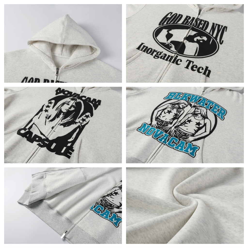 NOVACAM Vintage Print Zip Up Hoodie