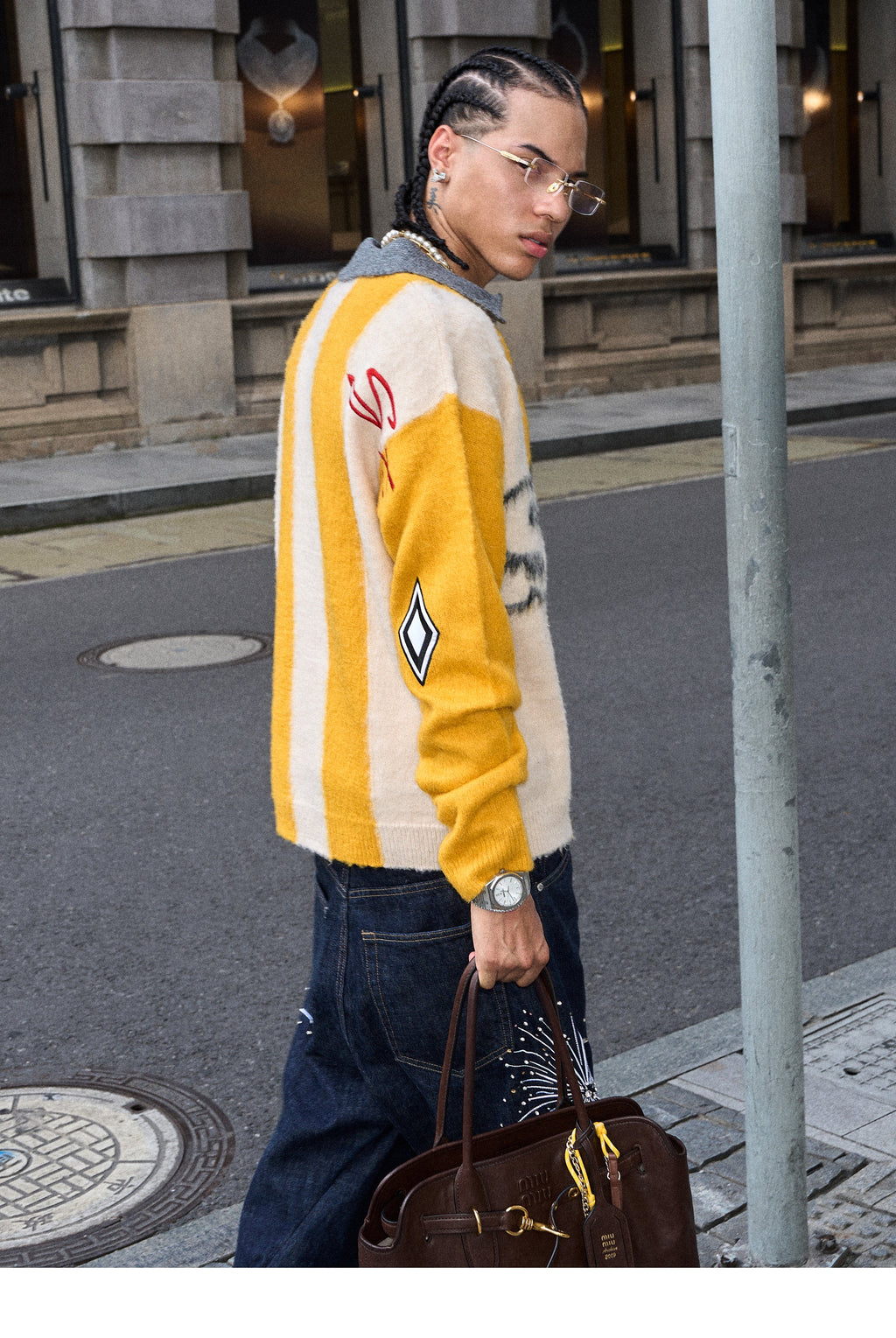 STEEPC Vertical Stripe Brushed Knit Polo Sweater