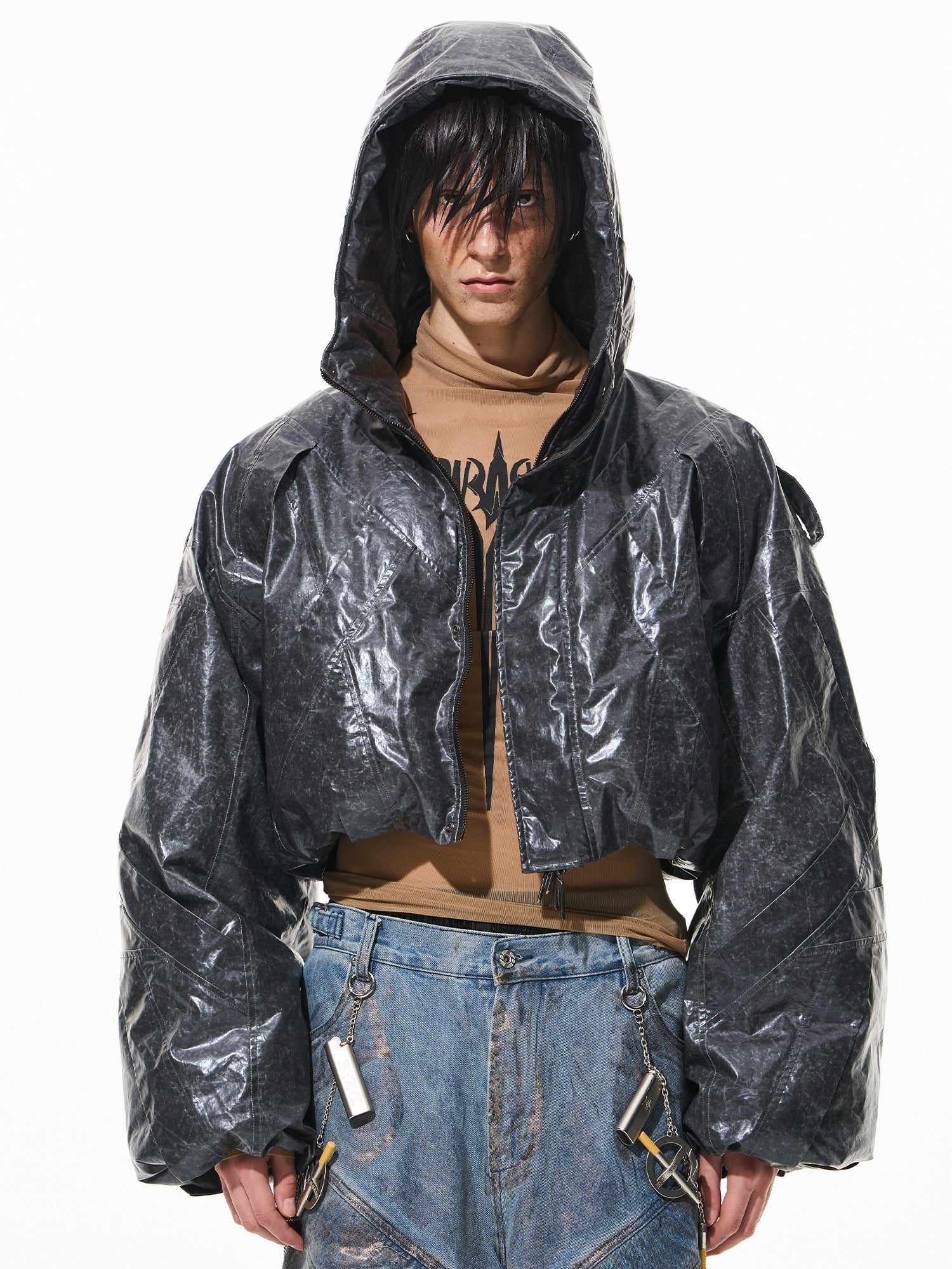 BLIND NO PLAN Wrinkled Hooded Short Bomber Jacket