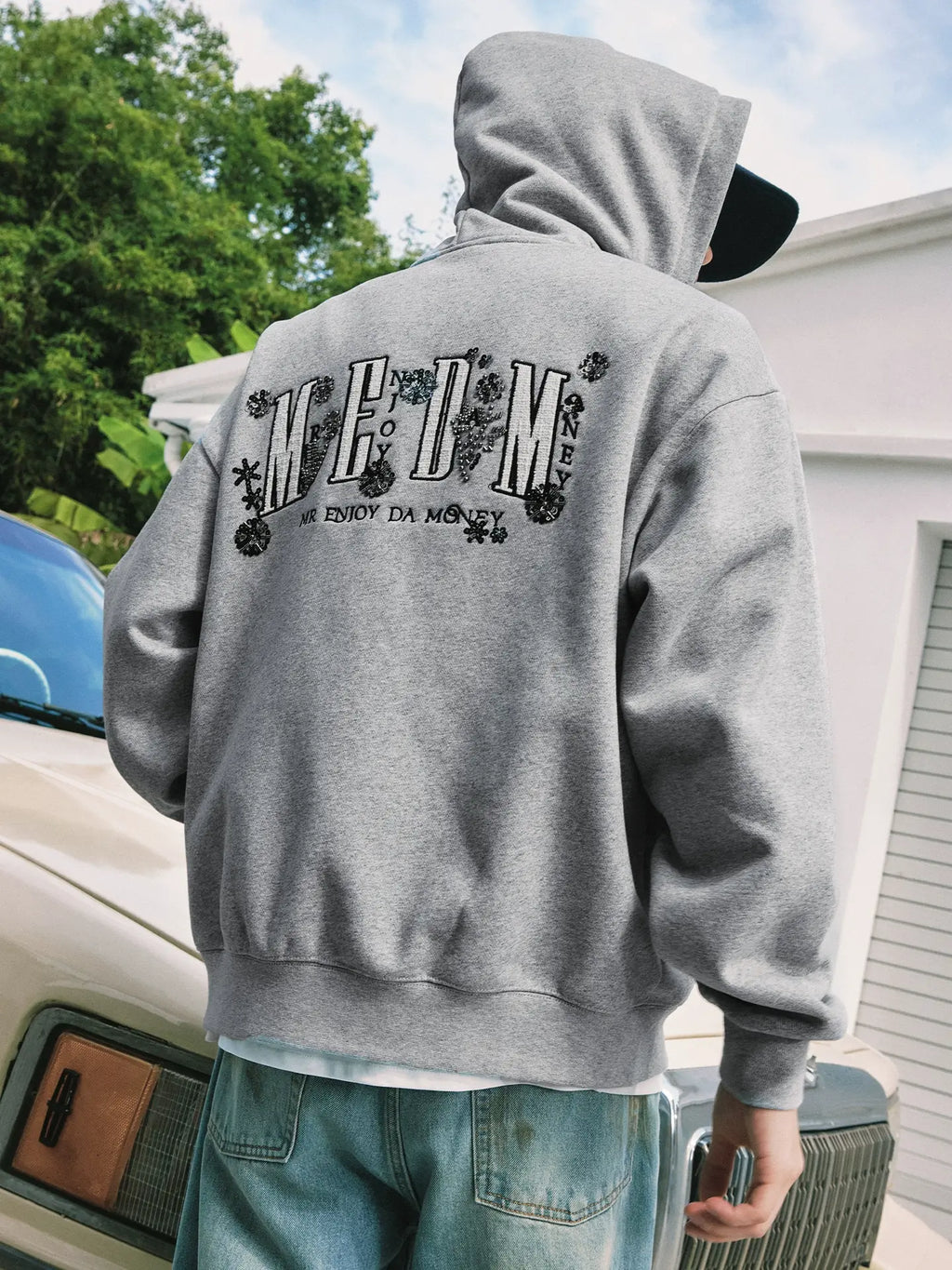 MEDM Beaded Flower Embellished Zip Up Hoodie