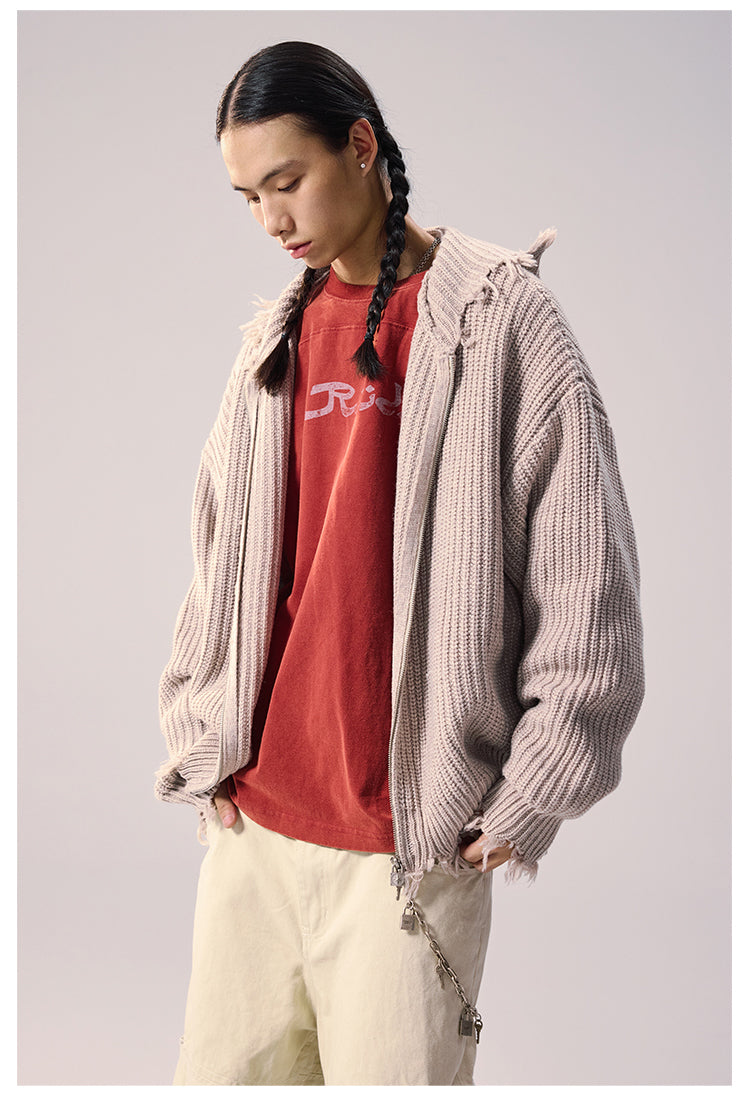 Remedy Distressed Hooded Zipper Knit Cardigan
