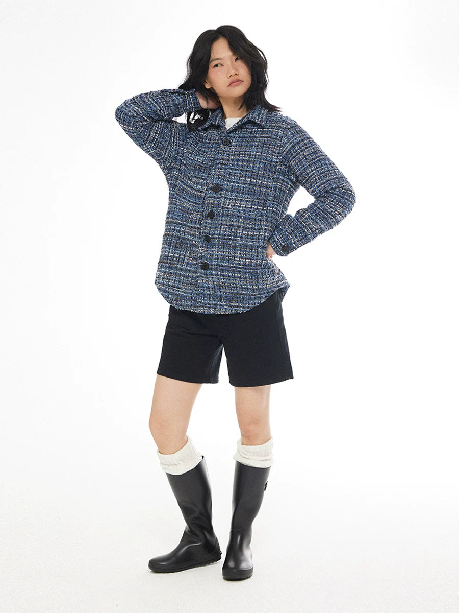 EMPTY REFERENCE Tweed Plaid Blue Long Sleeve Shirt