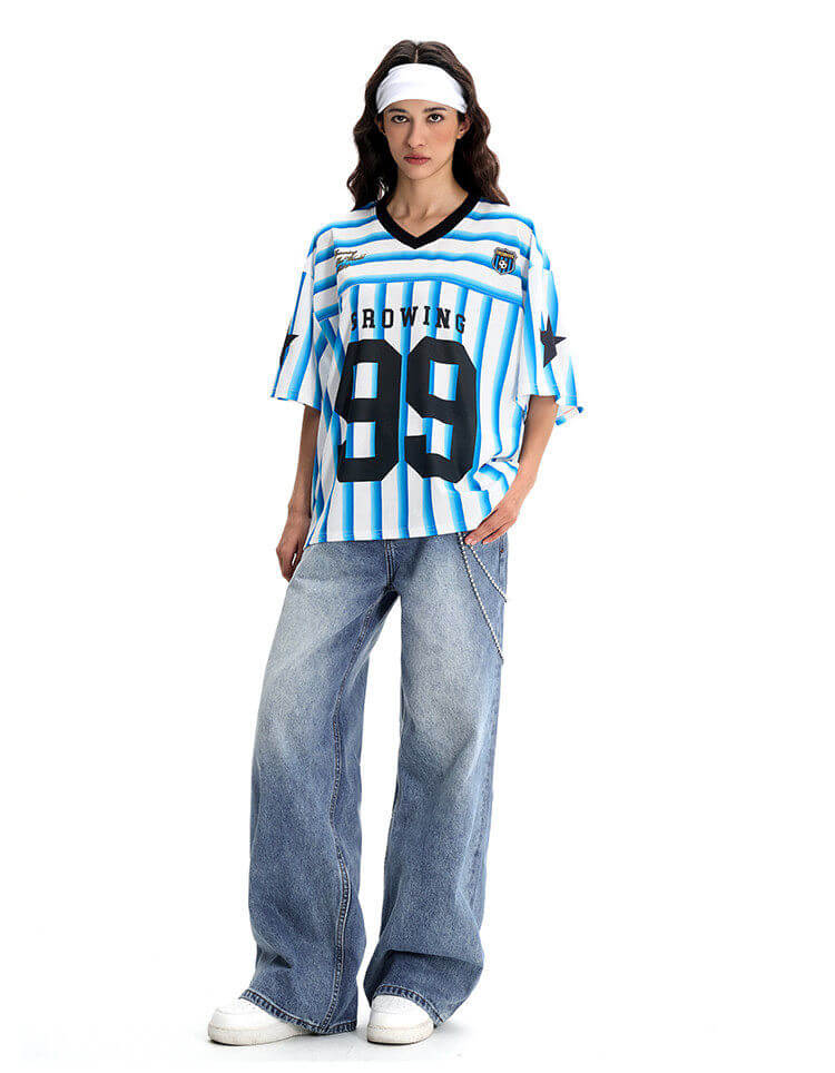 F3F Select Striped Mesh Star Print V Neck Short Sleeve Soccer Jersey